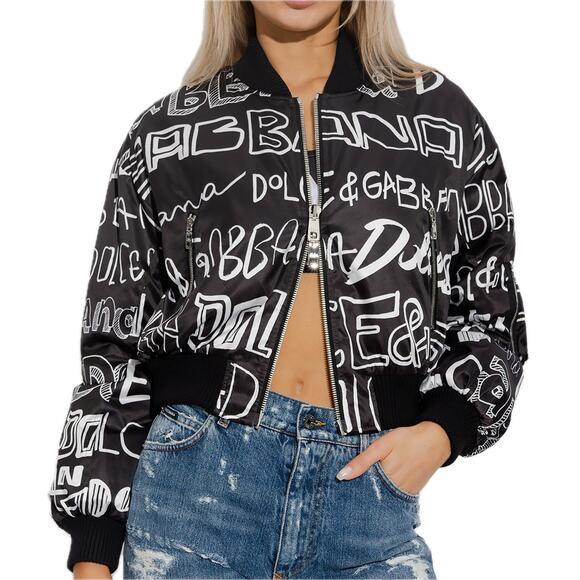 NWT Dolce & Gabbana Black White Logo Print Zip up Bomber Jacket IT 38 US XS - Picture 1 of 10